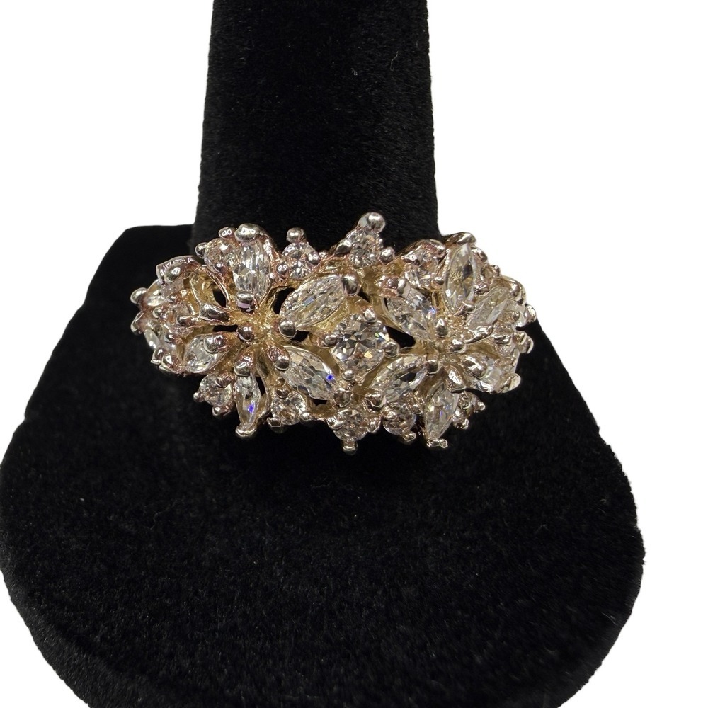 Stunning Gold Tone Clear Marquise & Crystal Cluster Fashion Statement Ring 8.5